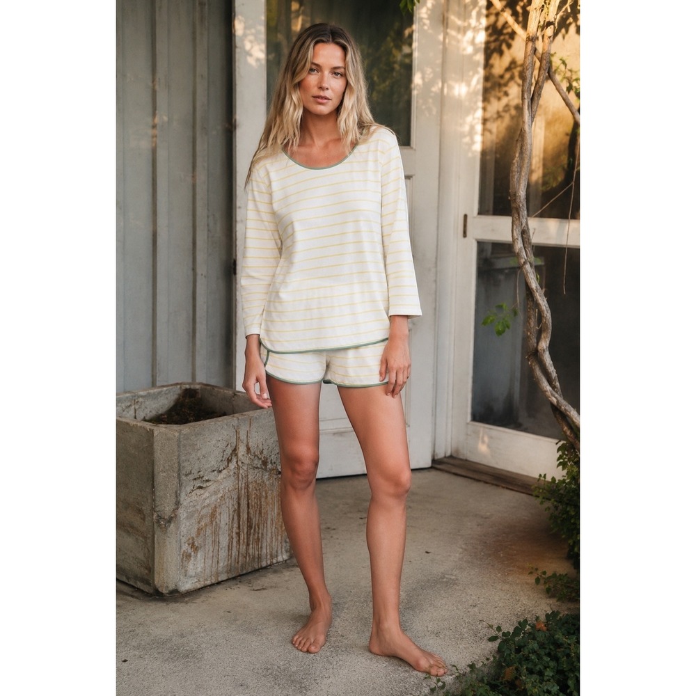 LAKE Pajamas Pima Cotton Weekend Top Yellow White Stripe Green Trim Small